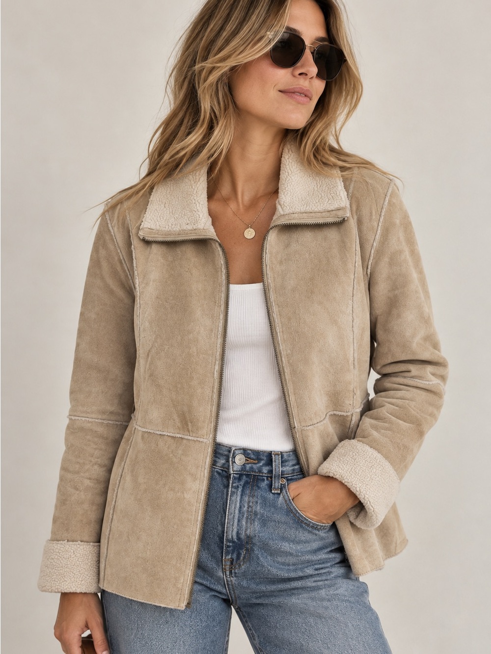 Vintage Sonoma Genuine Suede Shearling Jacket in Tan